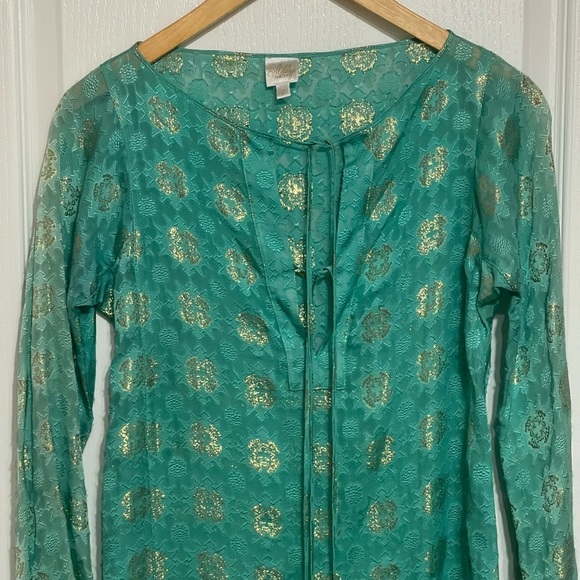 MILLY CABANA Scroll Burnout Cover-Up Mini Dress {$325} Turquoise Green Gold Sm - Picture 3 of 9